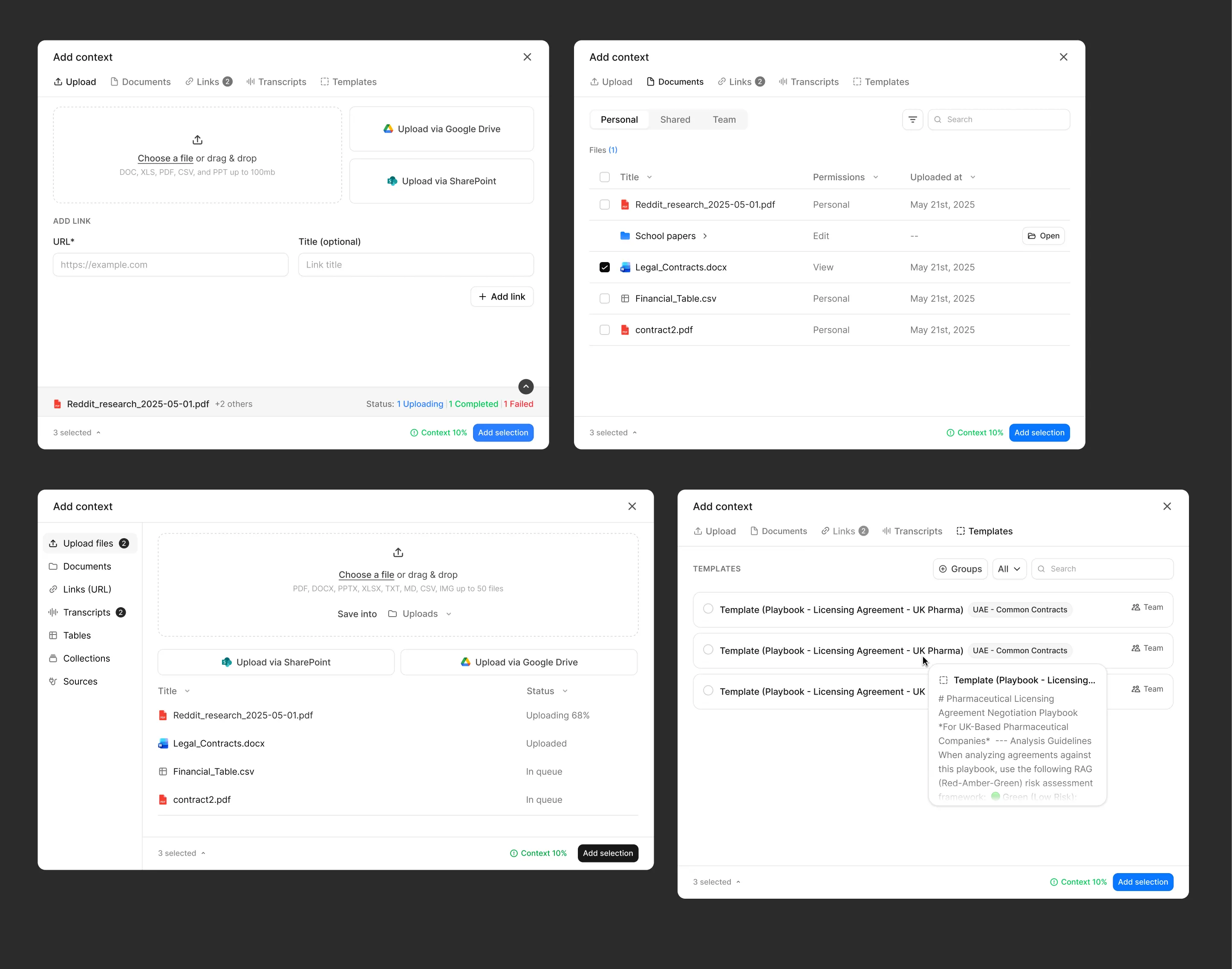 Add Context modal iterations from tabs to sidebar